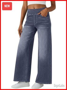 Baggy Wide Leg Jeans High Waisted Pull On Straight Leg Stretchy Denim Pants